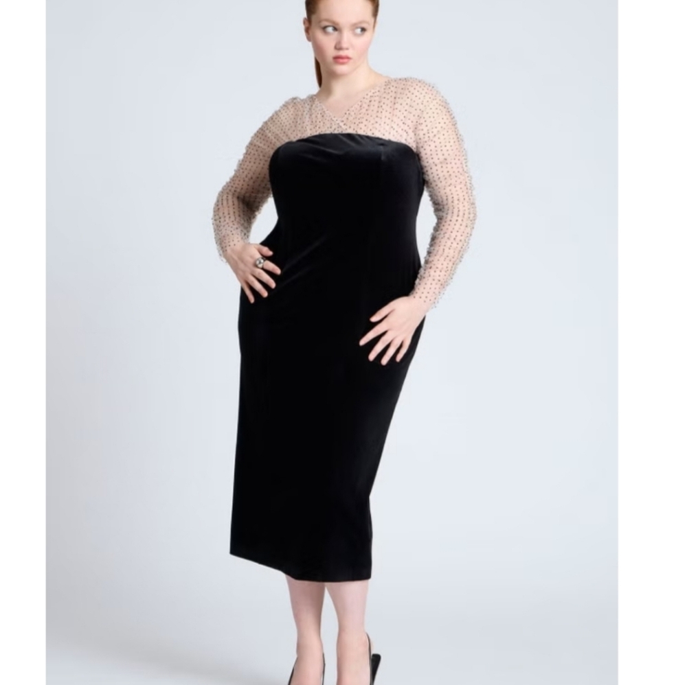 Eloquii Velvet Midi Dress With Polka Dot Sleeve Size 24